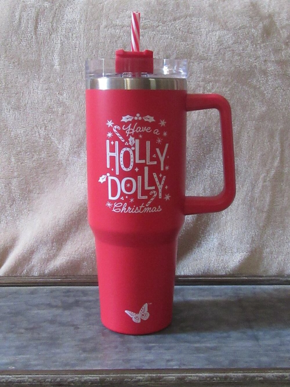 NWT Red Dolly Tumbler "Holly Dolly Christmas" with handle, lid, straw